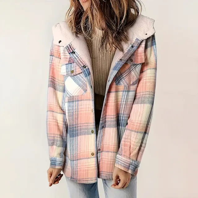 Women's Plaid Button Up Long Sleeve Jacket Fall Winter Flap Button Pocket Design Casual Hooded Fleece Lined Warm Coat Pink - Shop at LoveMi