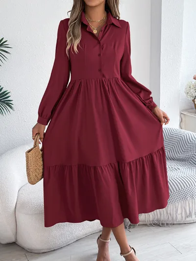 Autumn And Winter Collar Casual Loose Long Sleeve Ruffled Shirt Dress Burgundy - Shop at LoveMi