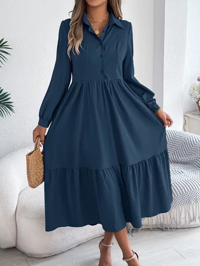 Autumn And Winter Collar Casual Loose Long Sleeve Ruffled Shirt Dress Dark Blue - Shop at LoveMi