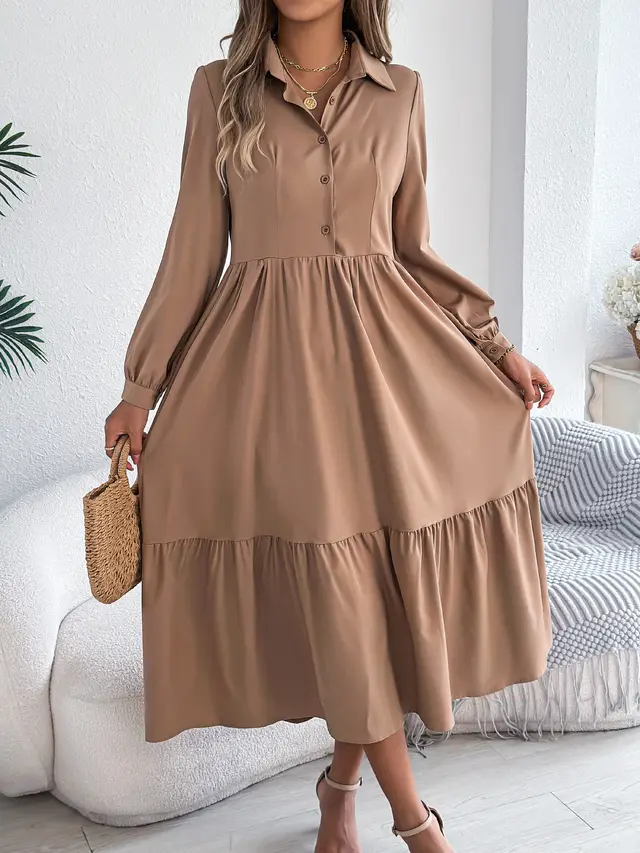 Autumn And Winter Collar Casual Loose Long Sleeve Ruffled Shirt Dress Khaki - Shop at LoveMi