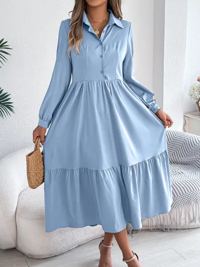 Autumn And Winter Collar Casual Loose Long Sleeve Ruffled Shirt Dress Light Blue - Shop at LoveMi