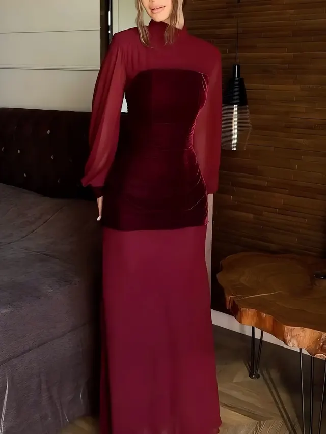 Burgundy Velvet Waist Long sleeved Maxi Dress Burgundy - Shop at LoveMi