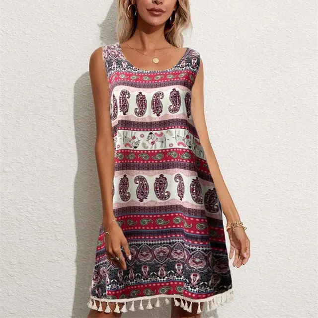 Loose Sleeveless Fringe Printed Dress For Women Red - Shop at LoveMi