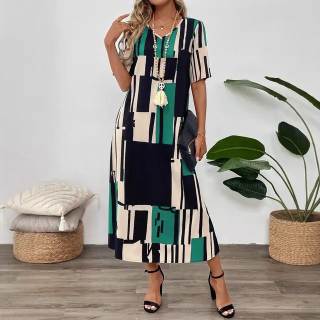 V neck Printed Short Sleeve Loose Dress Green - Shop at LoveMi