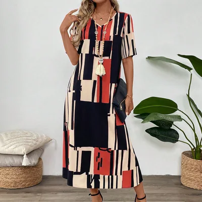 V neck Printed Short Sleeve Loose Dress Red - Shop at LoveMi