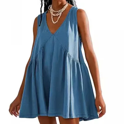 V neck Sleeveless Pleated Vest Pocket Dress Blue - Shop at LoveMi