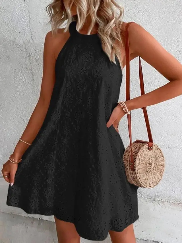 Women's Lace Solid Color Sleeveless Button Halter Neck Dress Black - Shop at LoveMi