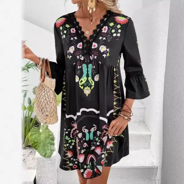 V neck Lace Patchwork Casual Versatile Printed Dress Black - Shop at LoveMi