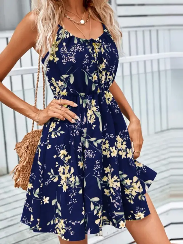 Elegant Sleeveless Dress With Printed Elastic Waist And Suspenders For Women Navy Blue - Shop at LoveMi