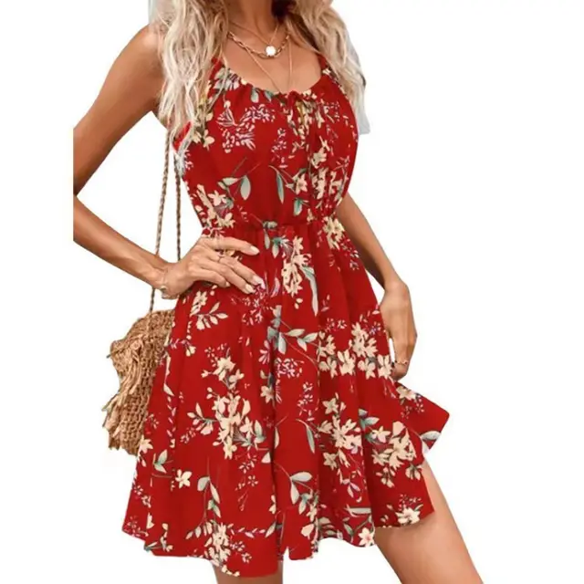 Elegant Sleeveless Dress With Printed Elastic Waist And Suspenders For Women Red - Shop at LoveMi