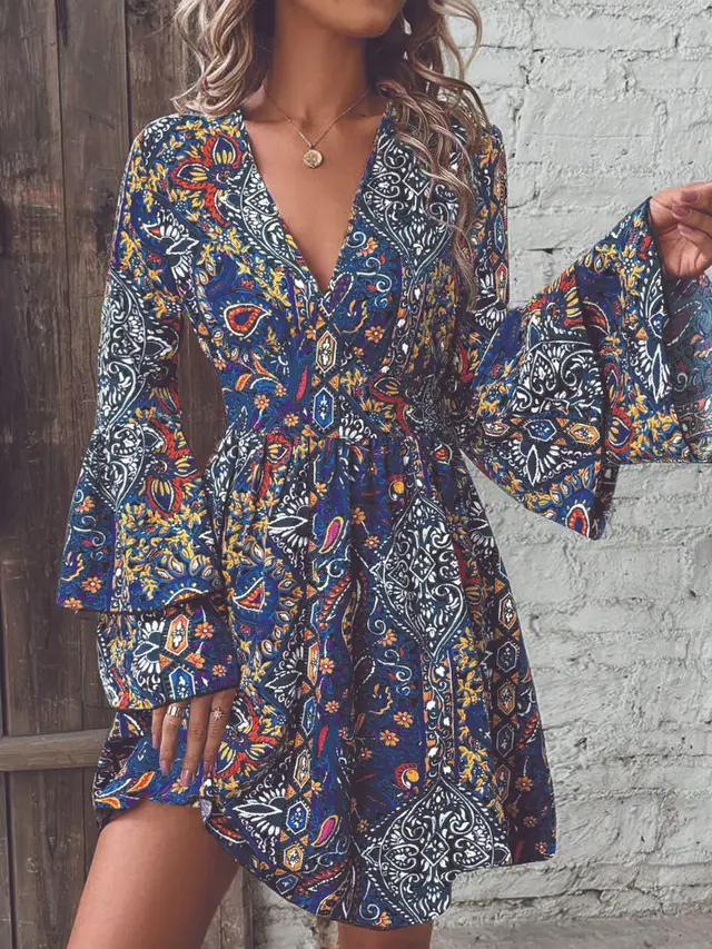 Fashionable And Elegant Women's Paisley Print V neck Trumpet Sleeve Dress Blue - Shop at LoveMi