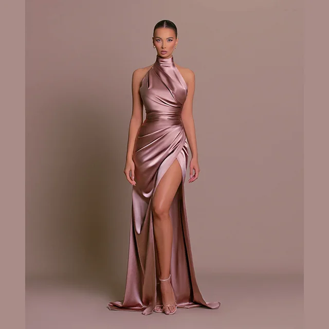 Elegant Stand up Collar Long Dress Halter Neck Sleeveless Slit Slim Dress Pink - Shop at LoveMi