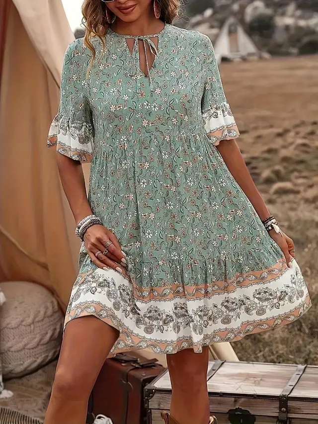 Plus Size Women's Elegant Floral Print V Neck Dress Short Sleeves Ruffle Hem, Soft Texture And Fashion Light Green - Shop at LoveMi