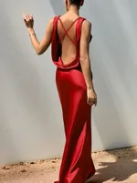 Deep Drape Neck Gown Dresses - Red