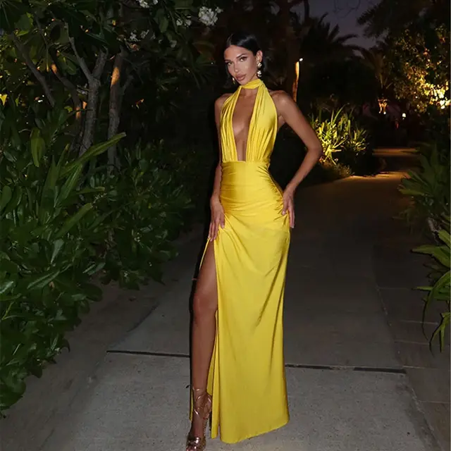 Only Invites Halter Backless Maxi Dress Yellow - Shop at LoveMi
