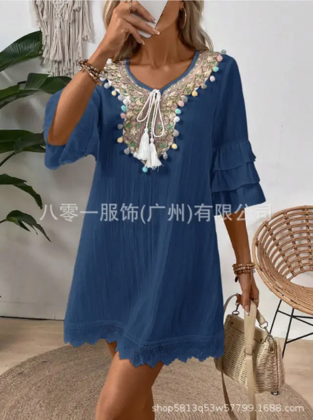 Women's Seaside Holiday Dress Bohemian Beach Dress Fairy Ethnic Style Embroidered Lantern Sleeve Style Long Swing Skirt Dark Blue - Shop at LoveMi