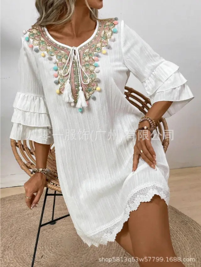 Women's Seaside Holiday Dress Bohemian Beach Dress Fairy Ethnic Style Embroidered Lantern Sleeve Style Long Swing Skirt White - Shop at LoveMi