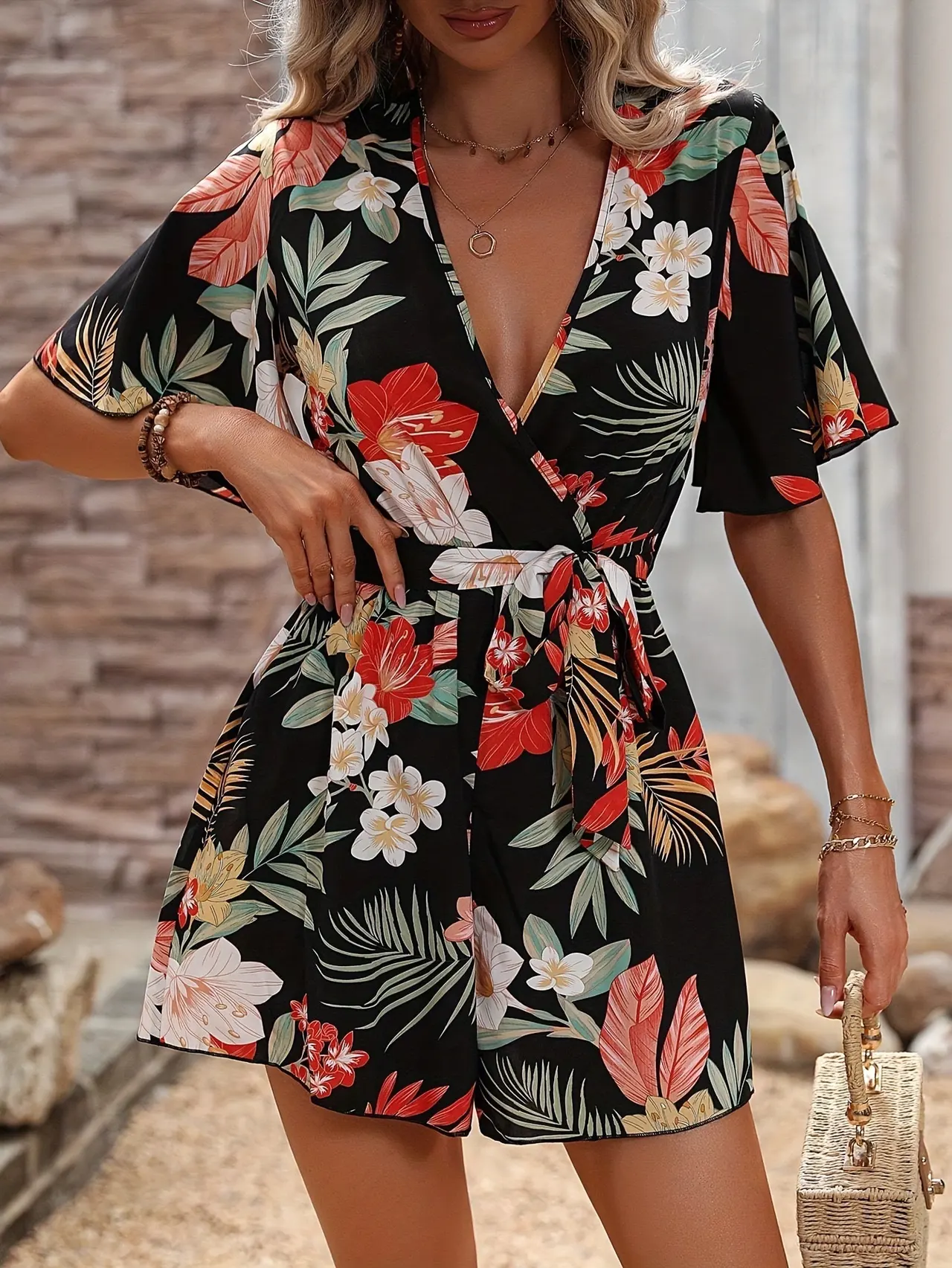 Lotus Leaf Sleeve Cross Collar Belt Short Skirt Loose Printed Jumpsuit - Pattern One