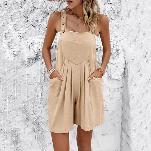 Casual style Solid Color Suspenders Short Jumpsuit Apricot - Shop at LoveMi