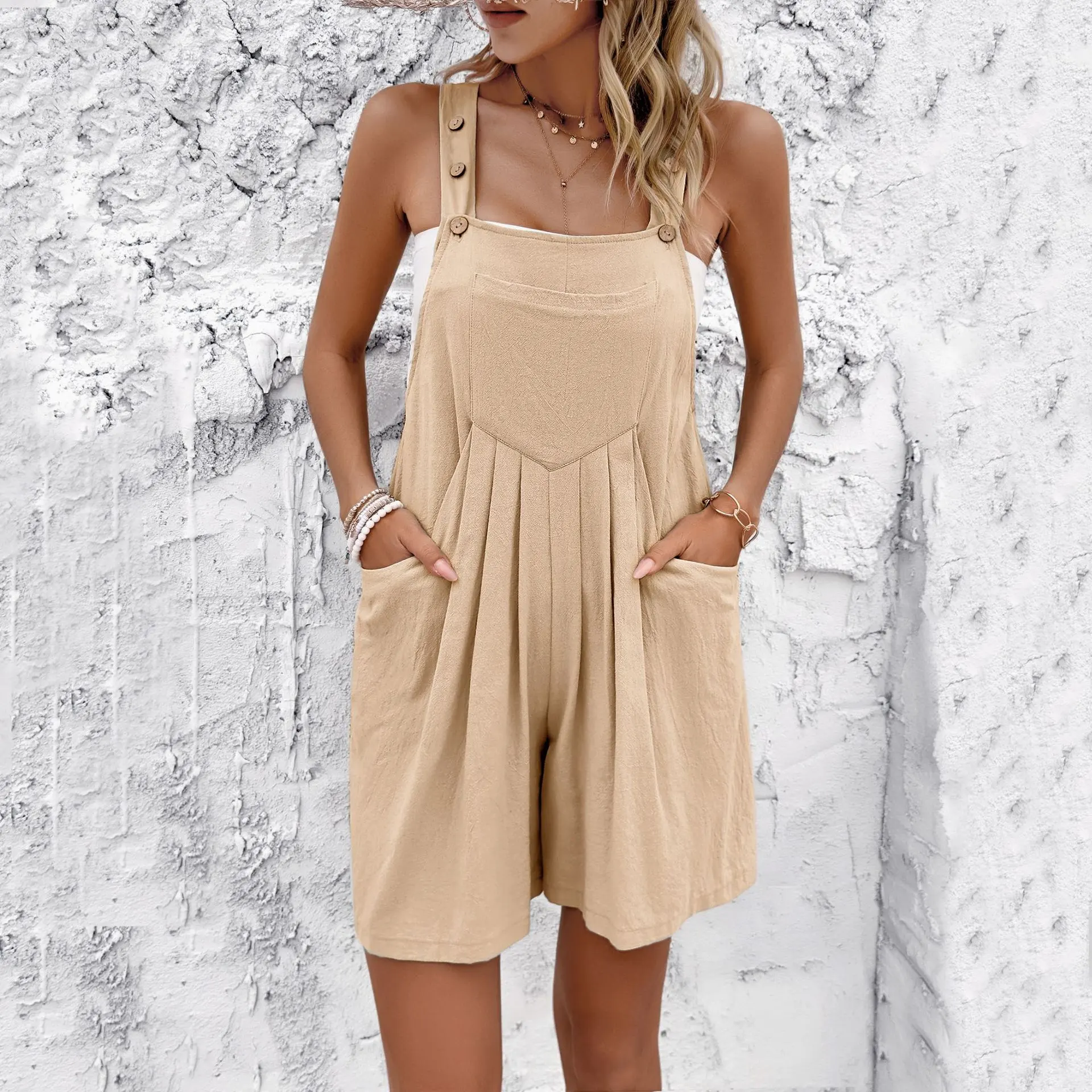 Casual-style Solid Color Suspenders Short Jumpsuit - Apricot