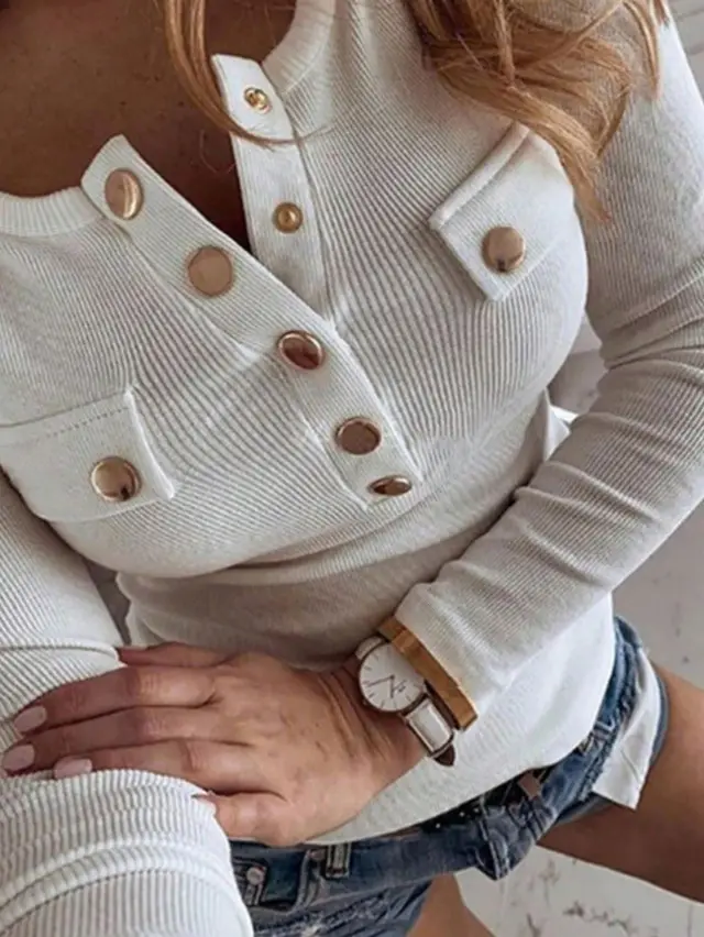 Slim Fit Casual Square Collar Half Zip Long Sleeve T Shirt With Metal Buckles Fall Cloth For Women White - Shop at LoveMi