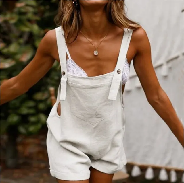 One piece Overalls Solid Color Button Casual Women's Shorts Creamy White - Shop at LoveMi