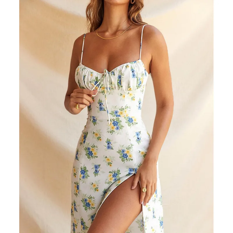 Women's Suspender Floral Slit Dress Sexy Floral Dress - White