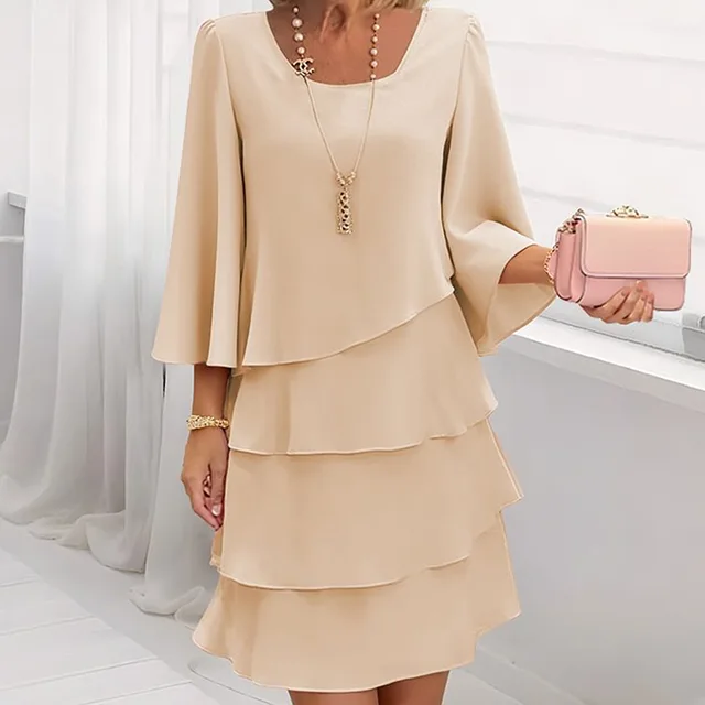Women's Long Sleeve Crew Neck Tiered Layered Midi Dress , Asymmetrical Hem A Line Short Elegant Party Dress Khaki - Shop at LoveMi