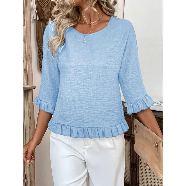 Womens 3 4 Length Sleeve Tops Loose Fit Casual Crew Neck Shirts Ruffle Tunic Blouses Light Blue - Shop at LoveMi
