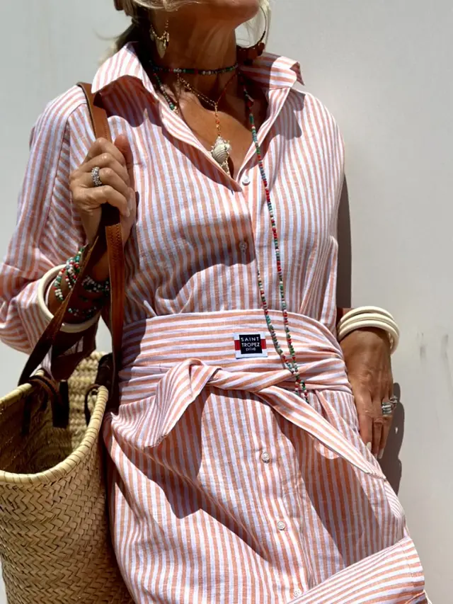 Mid length Five quarter Sleeve Striped Cardigan Lapel Shirt Dress Pink - Shop at LoveMi