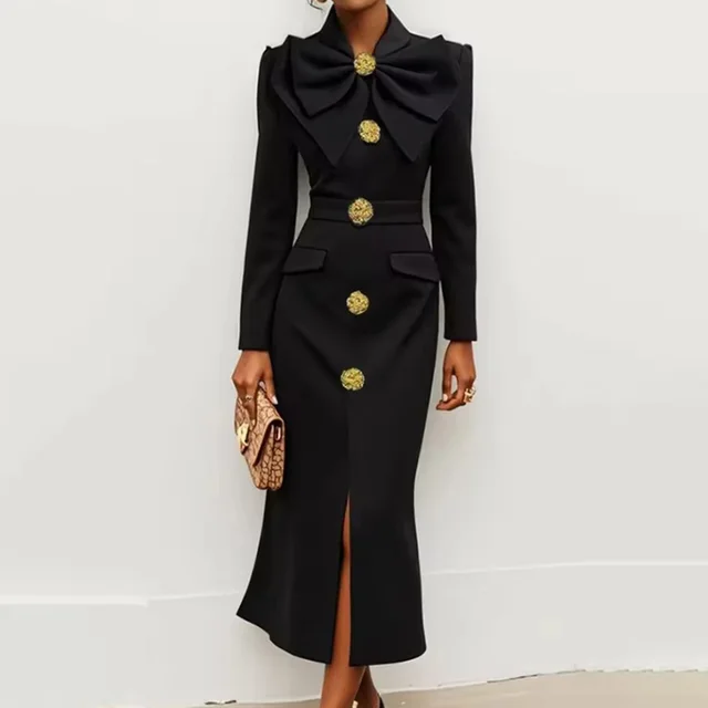 Women's Solid Color Long Sleeve Bodycon Elegant Button Midi Dress With Slit Spring Fall Fashion Bow Accent Dress Black - Shop at LoveMi