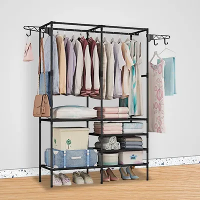 Metal Garment Rack Shoe Clothing Organizer Shelves Freestanding Multifunctional Clothes Wardrobe Black - Shop at LoveMi