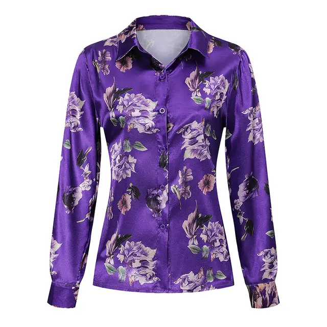 Women's Elegant Satin Lapel Long Sleeve Full Button Shirt Spring Autumn Fashion Tapered Waist Design With Sheen Purple - Shop at LoveMi