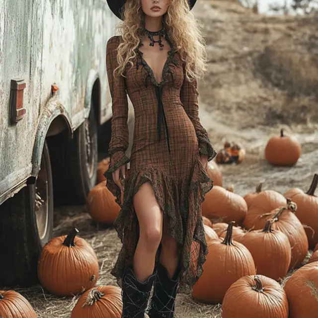 Women's Solid Color Plaid Long Sleeve Deep V Neck Ruffle Trim Dress Spring Summer Asymmetric Hem Vintage Style Midi Dress Brown - Shop at LoveMi