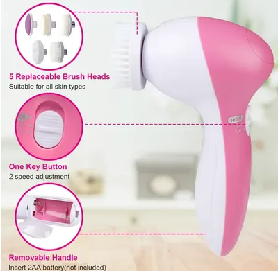 Facial Cleansing Brush Waterproof Face Spin Cleaning Brush With 5 Brush Heads Pink - Shop at LoveMi