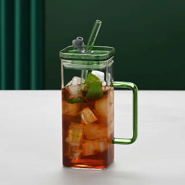 Green Glass Straw Cup, 6 Colors Square Glass Cup With Straw And Lid, High Borosilicate Glass Cup, Milk Cup, Juice Cup, Cold Drink Cup, Coffee Cup, ... - Shop at LoveMi