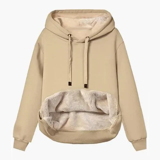 Autumn And Winter Warm Lamb Fleece Pocket Hooded Sports Sweatshirt Jacket For Women Khaki - Shop at LoveMi