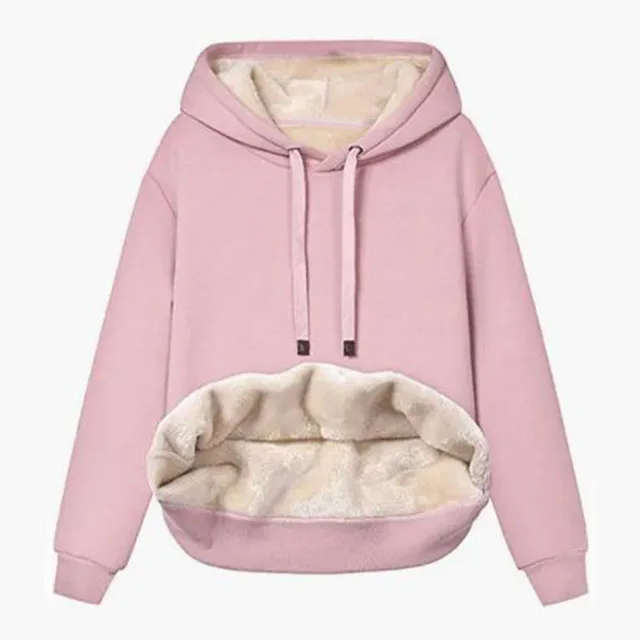 Autumn And Winter Warm Lamb Fleece Pocket Hooded Sports Sweatshirt Jacket For Women Pink - Shop at LoveMi