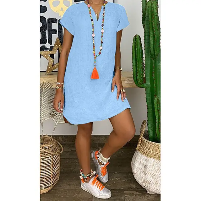 Summer Loose Solid Color Short sleeve Irregular V neck Cotton linen Dress For Women Blue - Shop at LoveMi