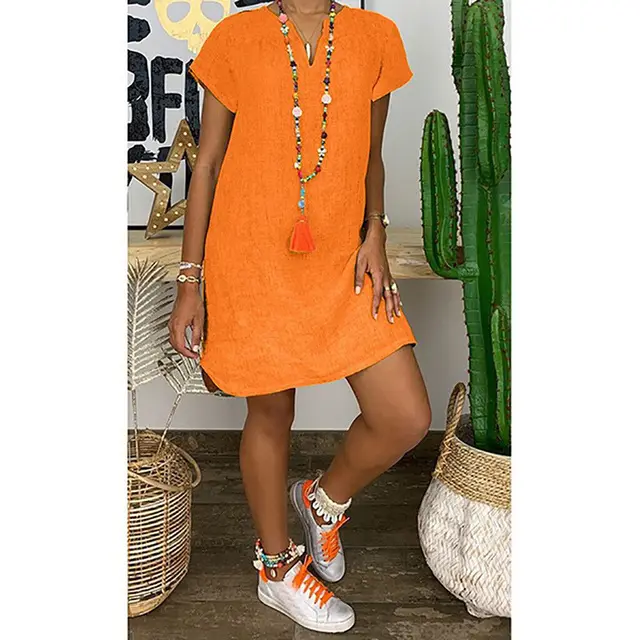 Summer Loose Solid Color Short sleeve Irregular V neck Cotton linen Dress For Women Orange Red - Shop at LoveMi
