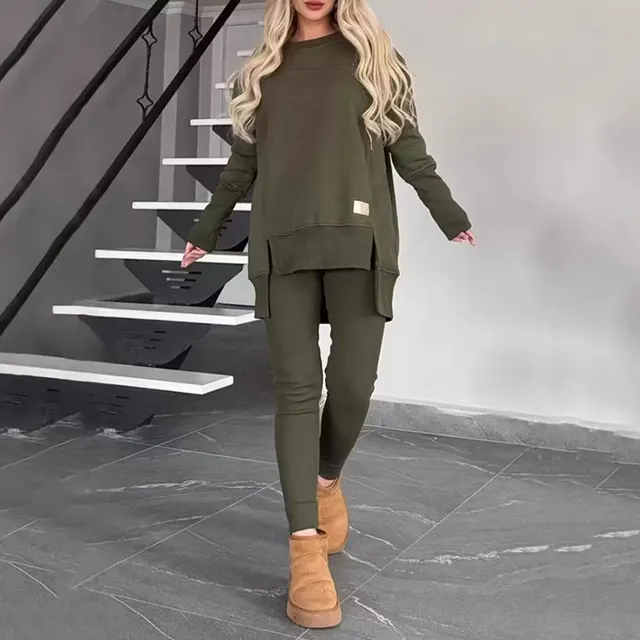 Women's 2 Piece Lounge Set, Casual Long Sleeve Side Slit Sweatshirt Outfit With Stretchy High Waist Leggings Army Green - Shop at LoveMi