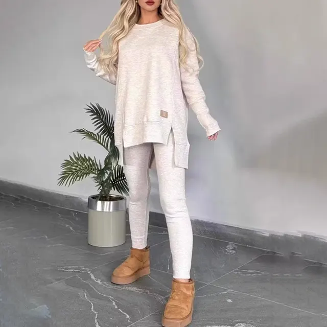 Women's 2 Piece Lounge Set, Casual Long Sleeve Side Slit Sweatshirt Outfit With Stretchy High Waist Leggings White - Shop at LoveMi