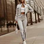 Women's Two Piece Set Cropped Long Sleeve Top With Drawstring Pocket Pants Casual Outfit Zipper Detail Tracksuit - Apricot