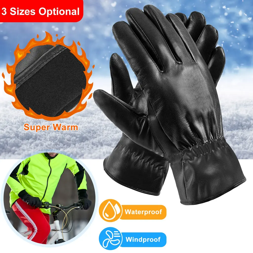 1Pair Unisex Black Leather Gloves Winter Warm Windproof Soft Gloves Outdoor Cycling Skiing Running Motorbike Gloves