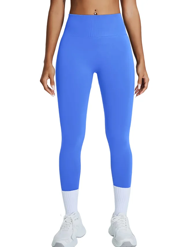 Women's High Waisted Seamless Leggings Butt Lifting & Tummy Control Yoga Pants, Non See Through Workout Leggings With Soft Compression, Solid Col... Blu - Shop at LoveMi