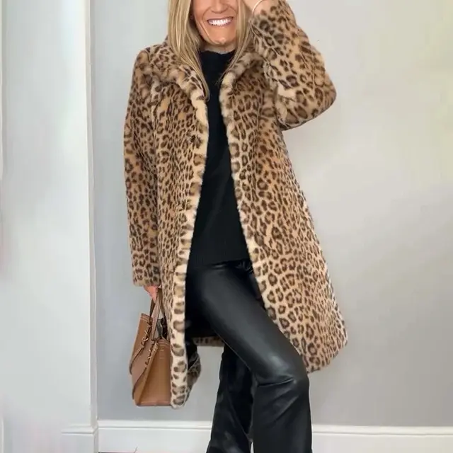 Women's Leopard Print Plush Jacket, Cozy Loose Fit Warm Coat Elegant Medium Length Fall Winter Outwear Khaki - Shop at LoveMi