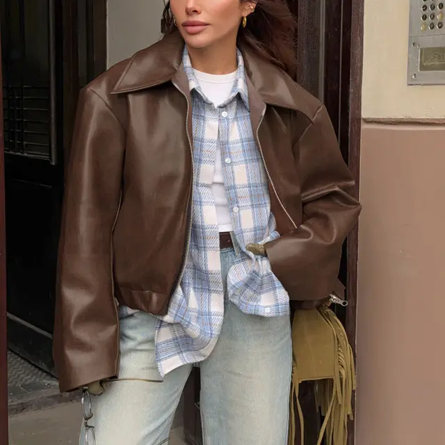 Vintage Style Women's Solid Color Faux Leather Jacket, Zip Up Biker Jacket With Lapel Collar Casual Coat Brown - Shop at LoveMi