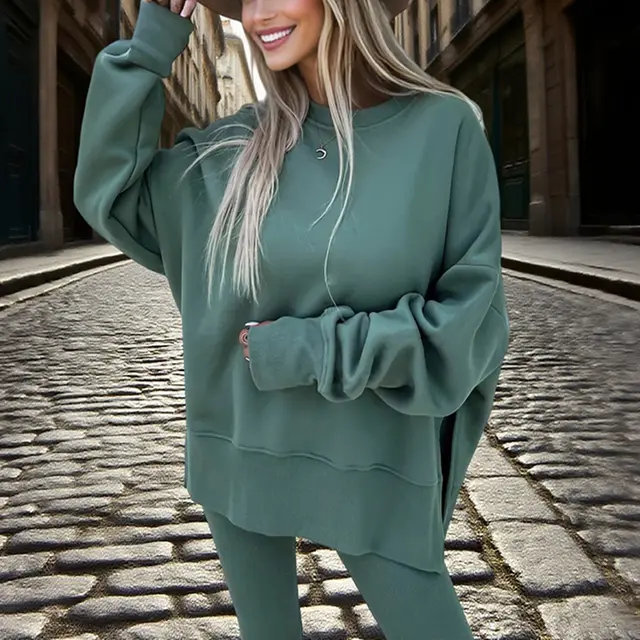 Women's Solid Color 2 Piece Set Casual Tracksuit, Long Sleeve Crewneck Sweatshirt With Side Slits & Slim Fit Jogger Pants Green - Shop at LoveMi