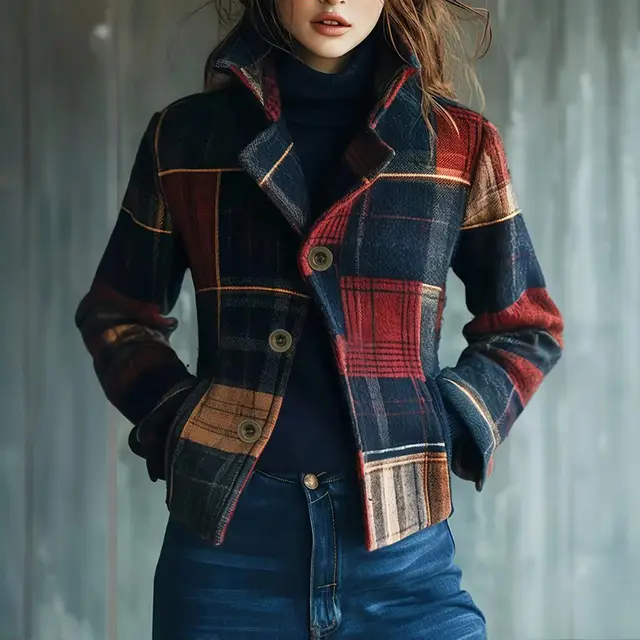 Vintage Women's Blazer With Stand Collar & Single Row Buttons Tailored Jacket For Autumn Winter Casual And Office Wear Plaid - Shop at LoveMi