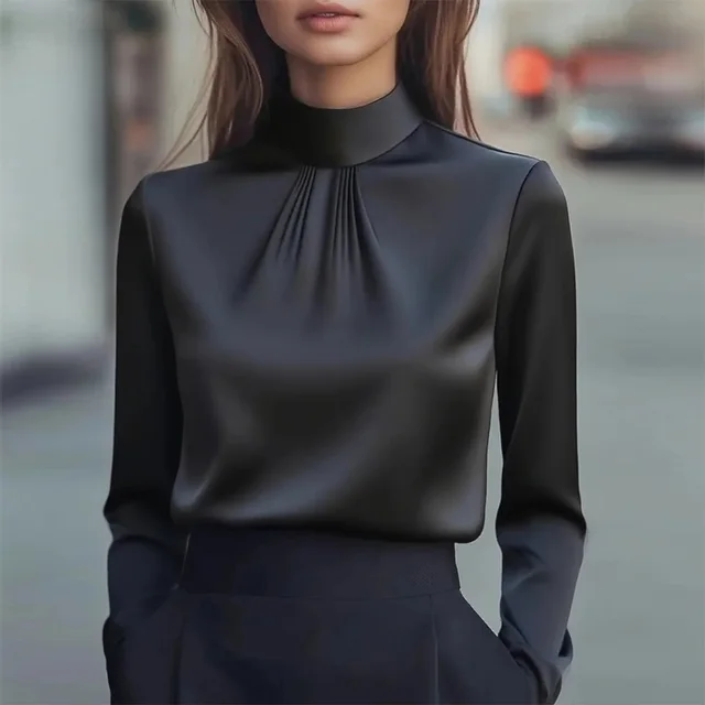 Women's Solid Color Long Sleeve Turtleneck Shirt, Pleated Detail Blouse For Office Wear And Formal Occasions Black - Shop at LoveMi